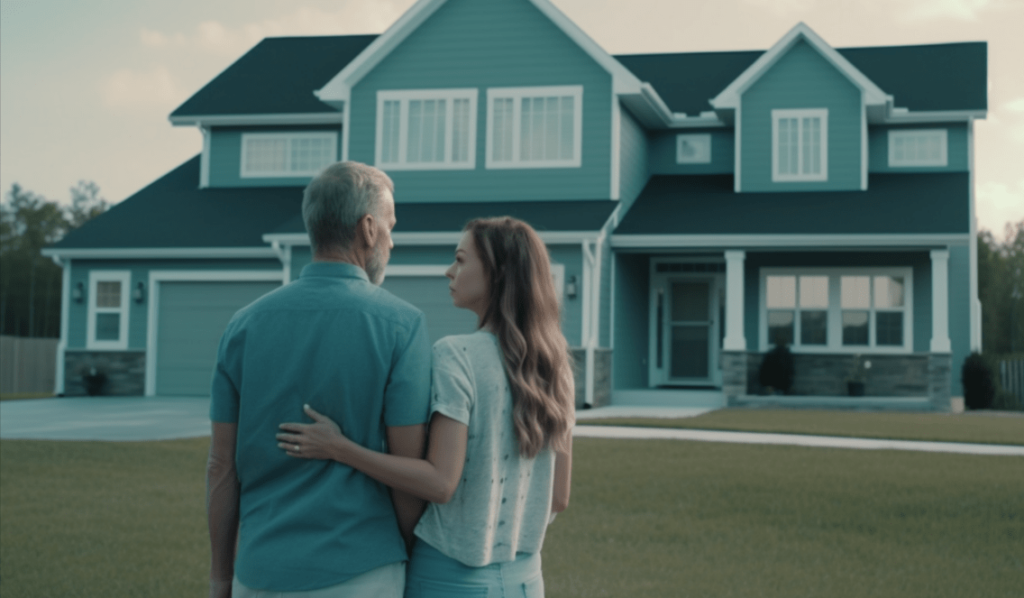 Married couple standing in the front yard of their new home