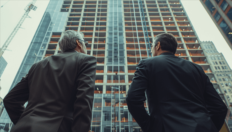 two construction lawyers looking up at a commercial property that is being built