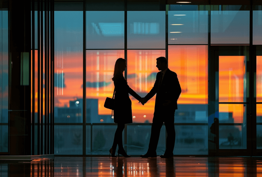 Silhouette of two people shaking hands in an office building