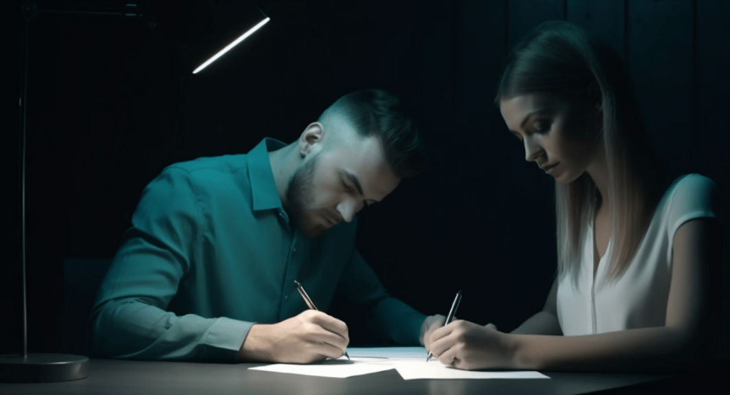 man and woman signing legal documents at desk