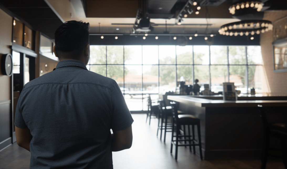 man walking into the new restaurant that he owns