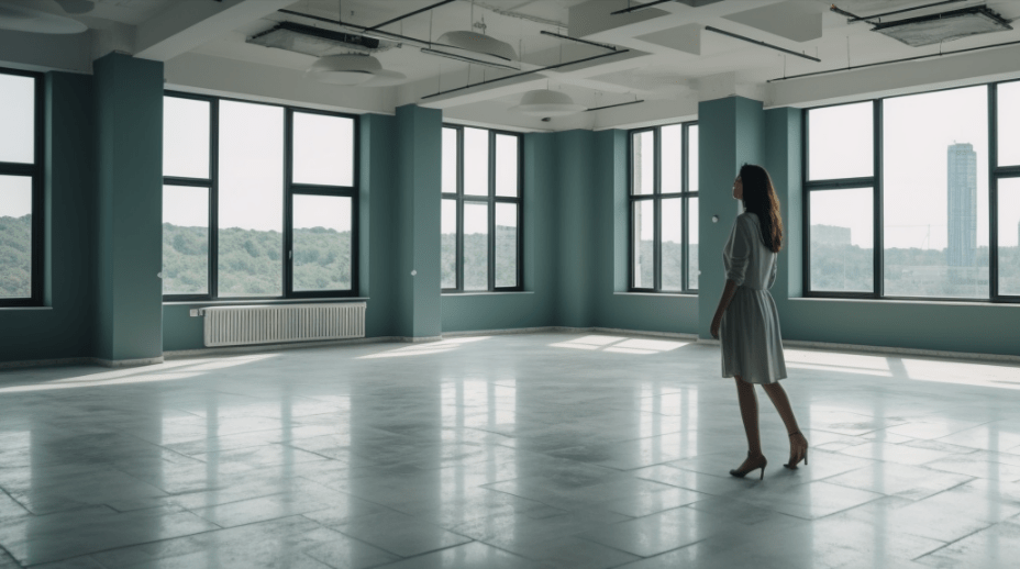 A commercial real estate broker standing in an empty office building