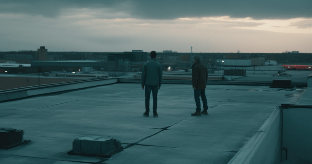 two men on the roof of a commercial property