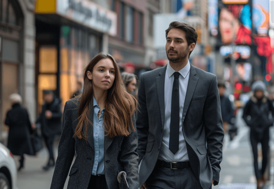 A female attorney and her male client are walking down the sidewalk of a busy retail area