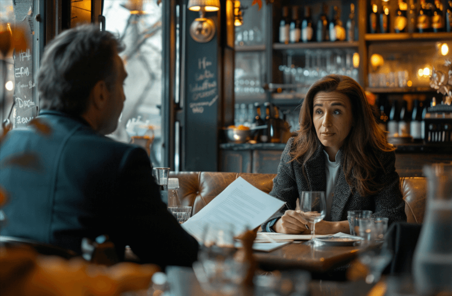Female restaurateur talking with her attorney in a booth in her restaurant