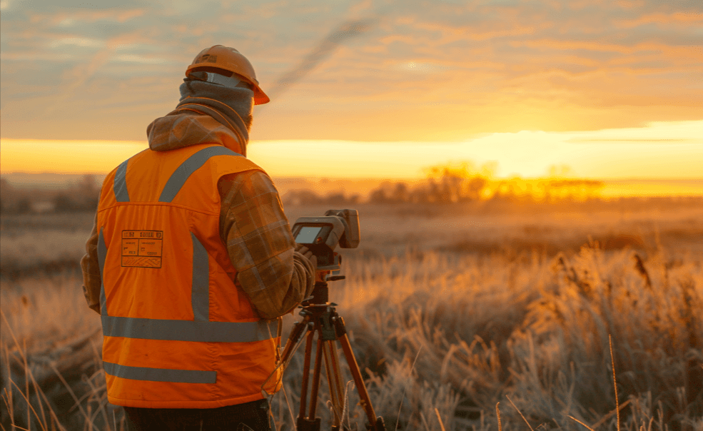 A surveyor measuring property lines in the early morning light