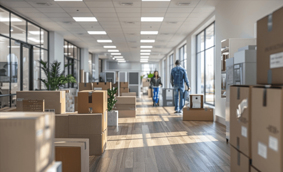 Office employees packing in preparation of a business move