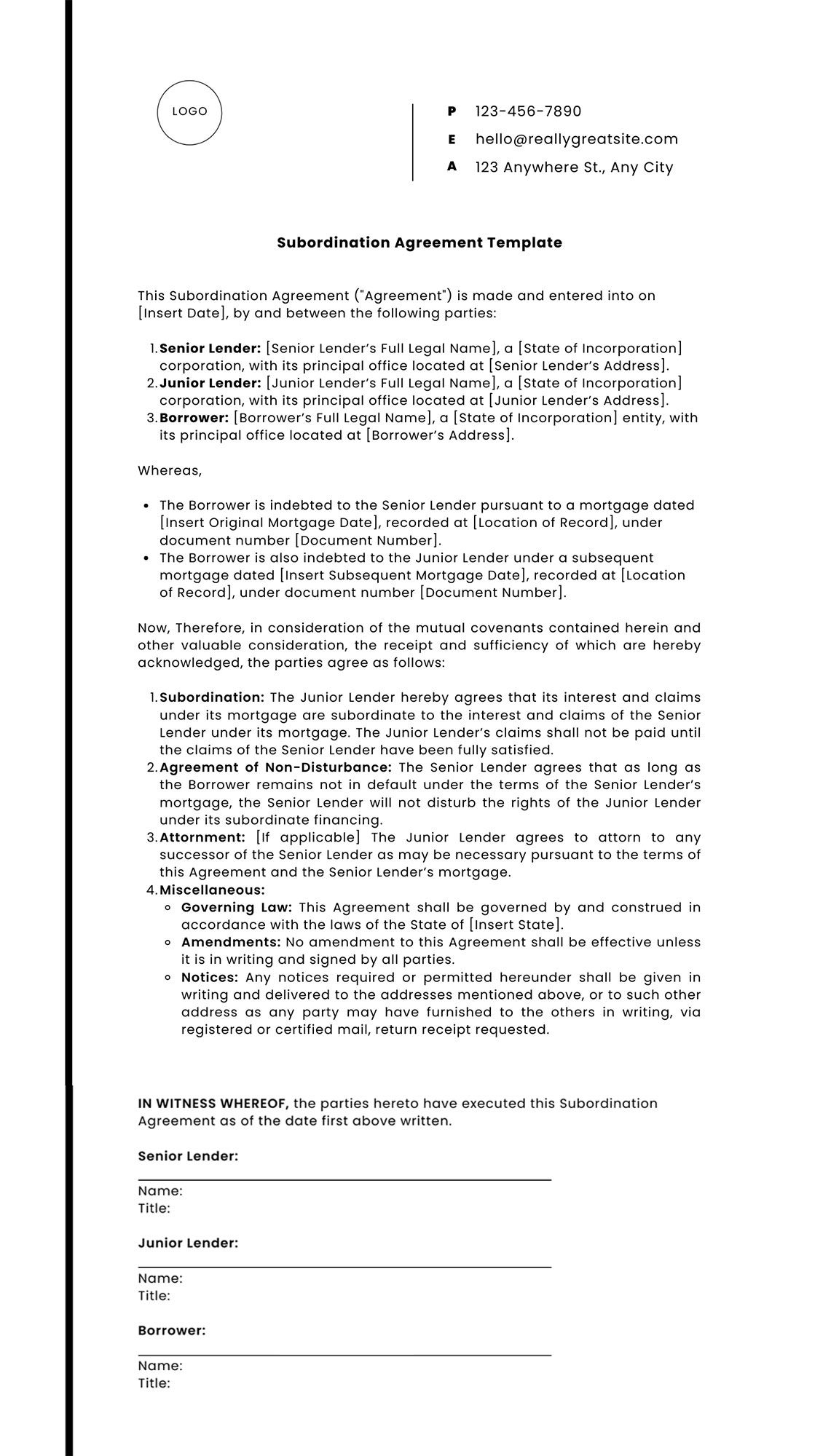 Subordination Agreement Template