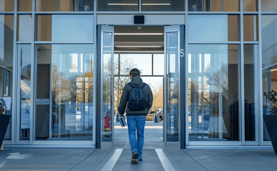 man walking into a class a commercial building to do market research