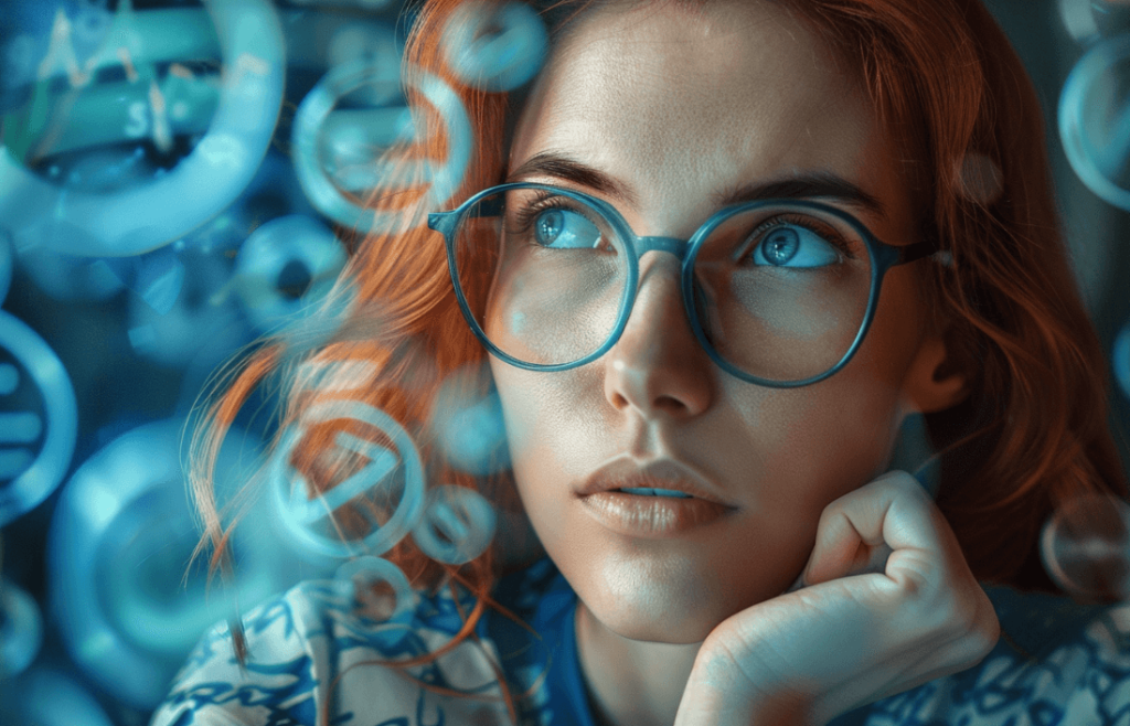 A woman calculating numbers while thinking